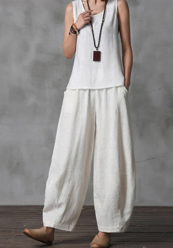 Plus Size Ladies Cotton Linen Casual Long Pants Womens Solid Cropped  Trousers US | eBay